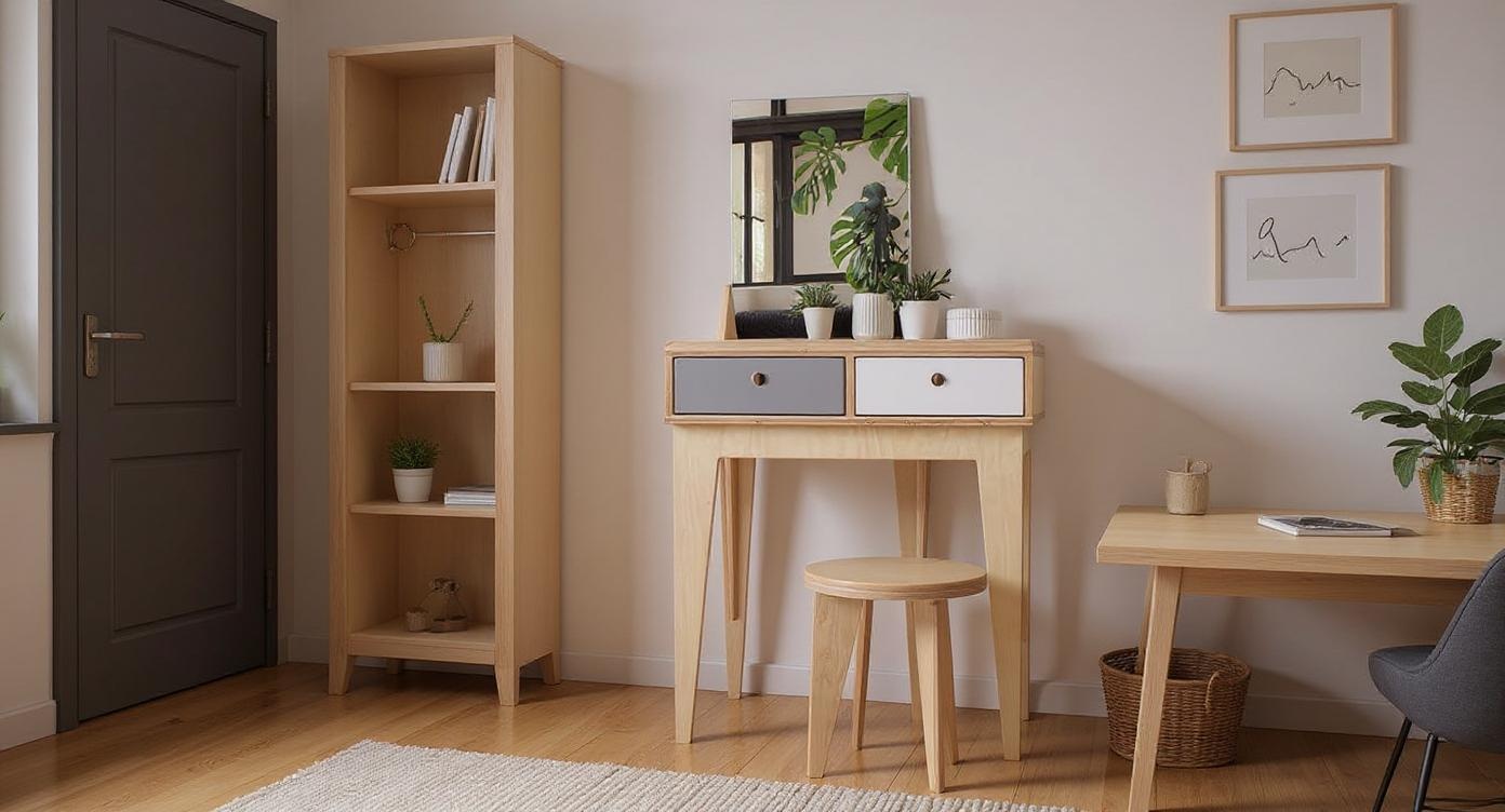 Eleganter Skandinavischer Schminktisch mit Asymmetrischem Design und Goldakzenten