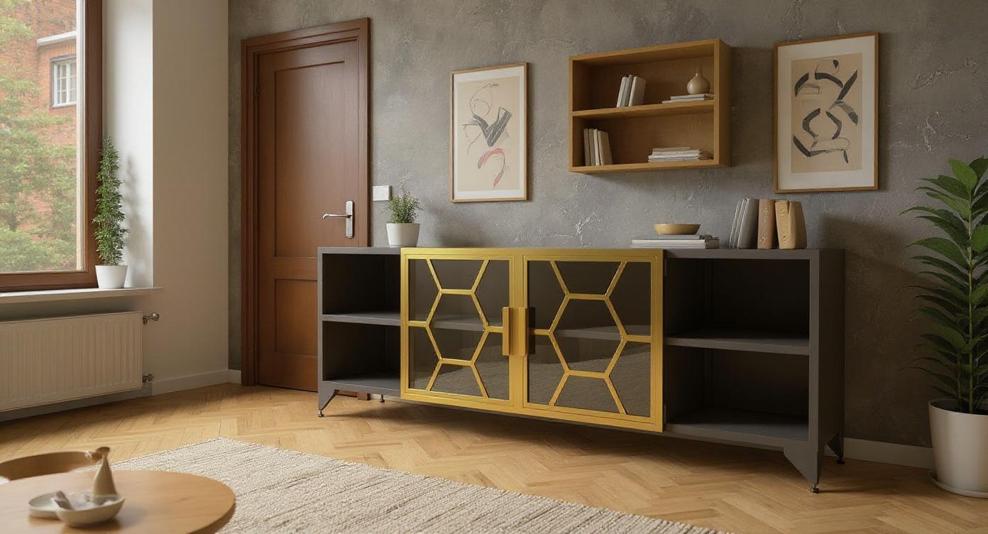 Industrial Stil: Moderner Stahl Lowboard mit künstlerischer Lackierung