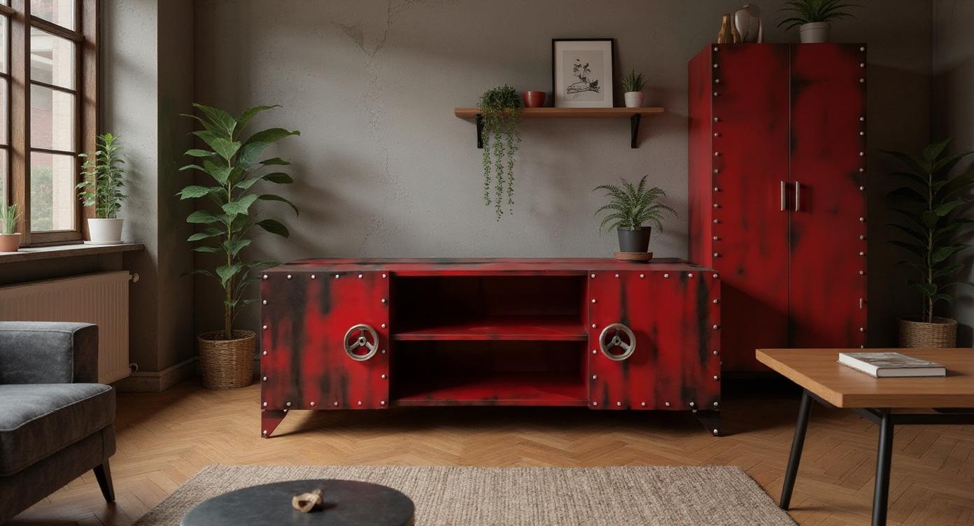 Industrial-Style Stahl-Lowboard mit künstlerischer Lackierung