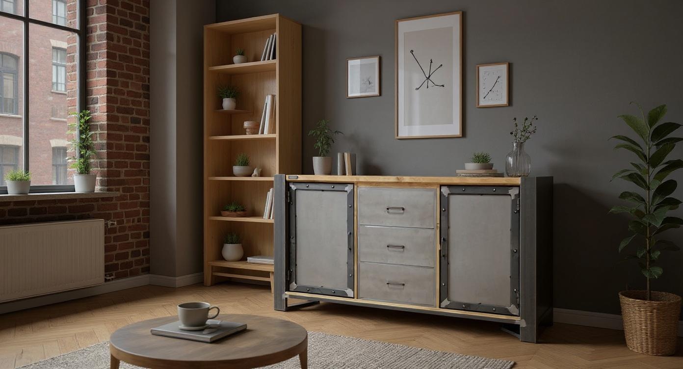 Industrielle Massivholz-Kommode mit robustem Stahlrahmen