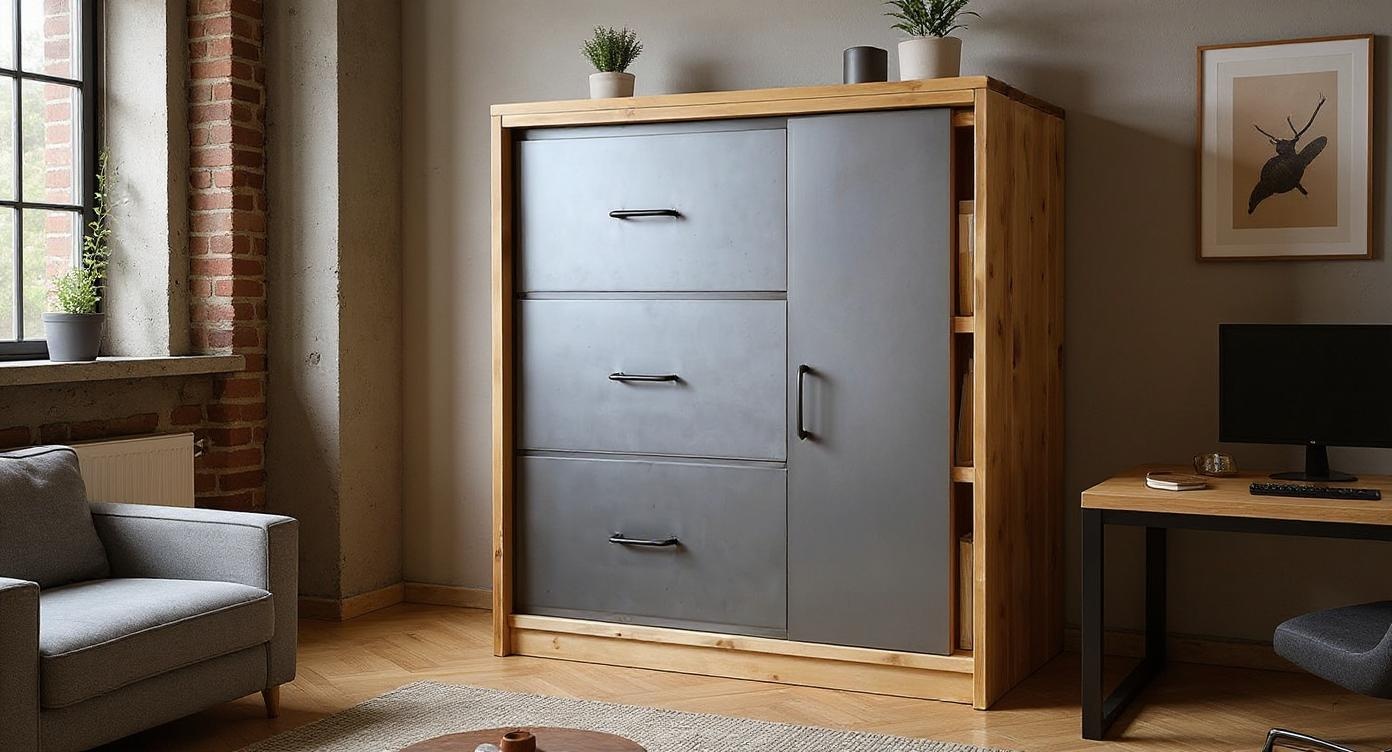 Industrieller Nachtkonsolentraum aus Massivholz und Stahl