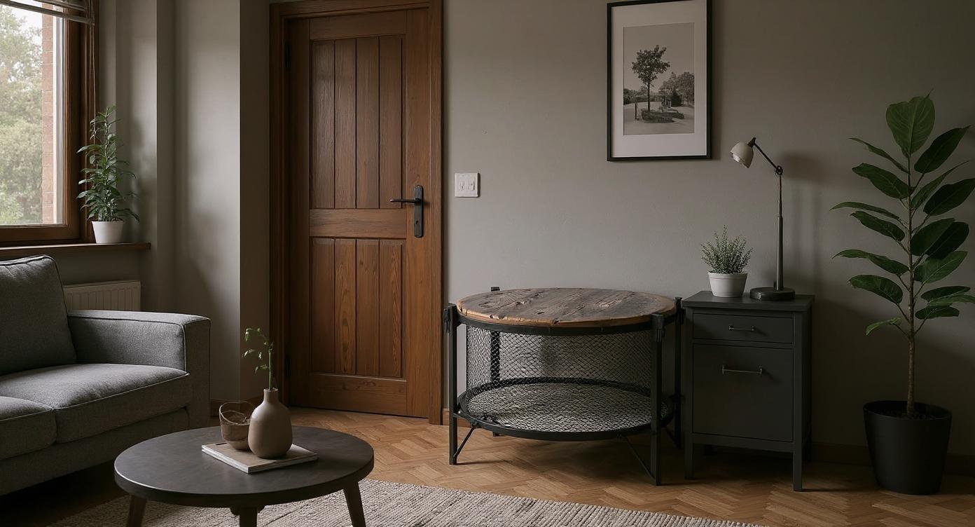 Industrieller Runder Couchtisch aus gebrannter Eichenholz und Stahl