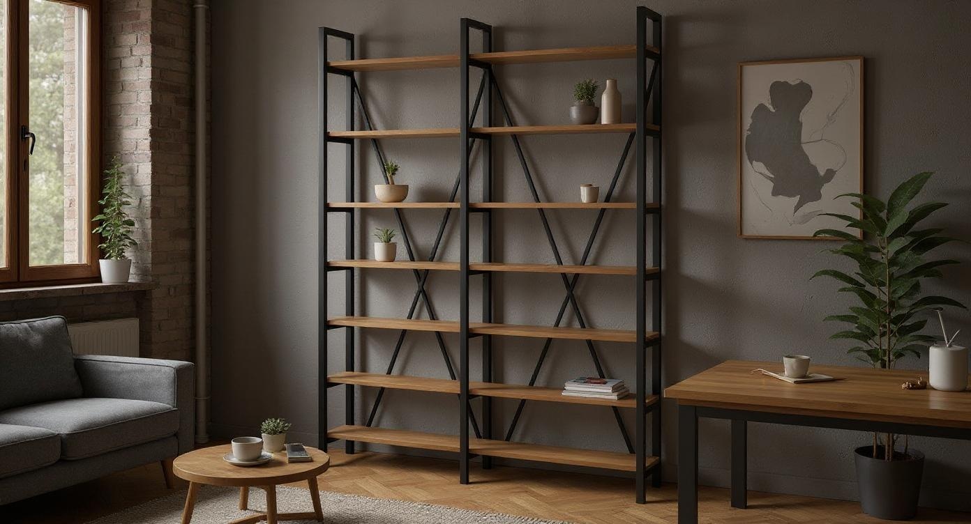 Industrielles Bücherregal aus Stahl und Eichenholz – Robuste Eleganz