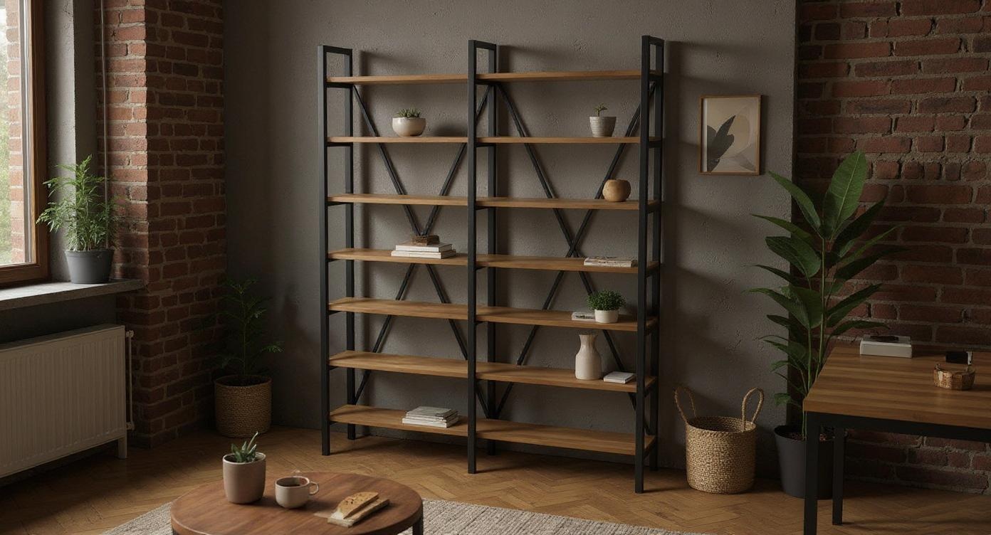Industrielles Bücherregal aus Stahl und Eichenholz mit vielseitigem Stauraum
