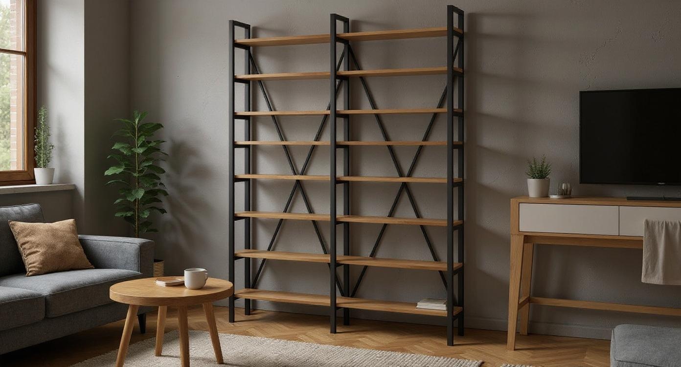 Industrielles Bücherregal aus Stahl und Eichenholz mit flexibel verstellbaren Regalbwenks