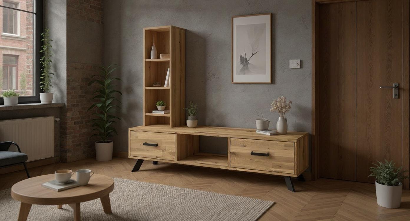 Industrielles Eichenholz-Lowboard mit robustem Stahlrahmen