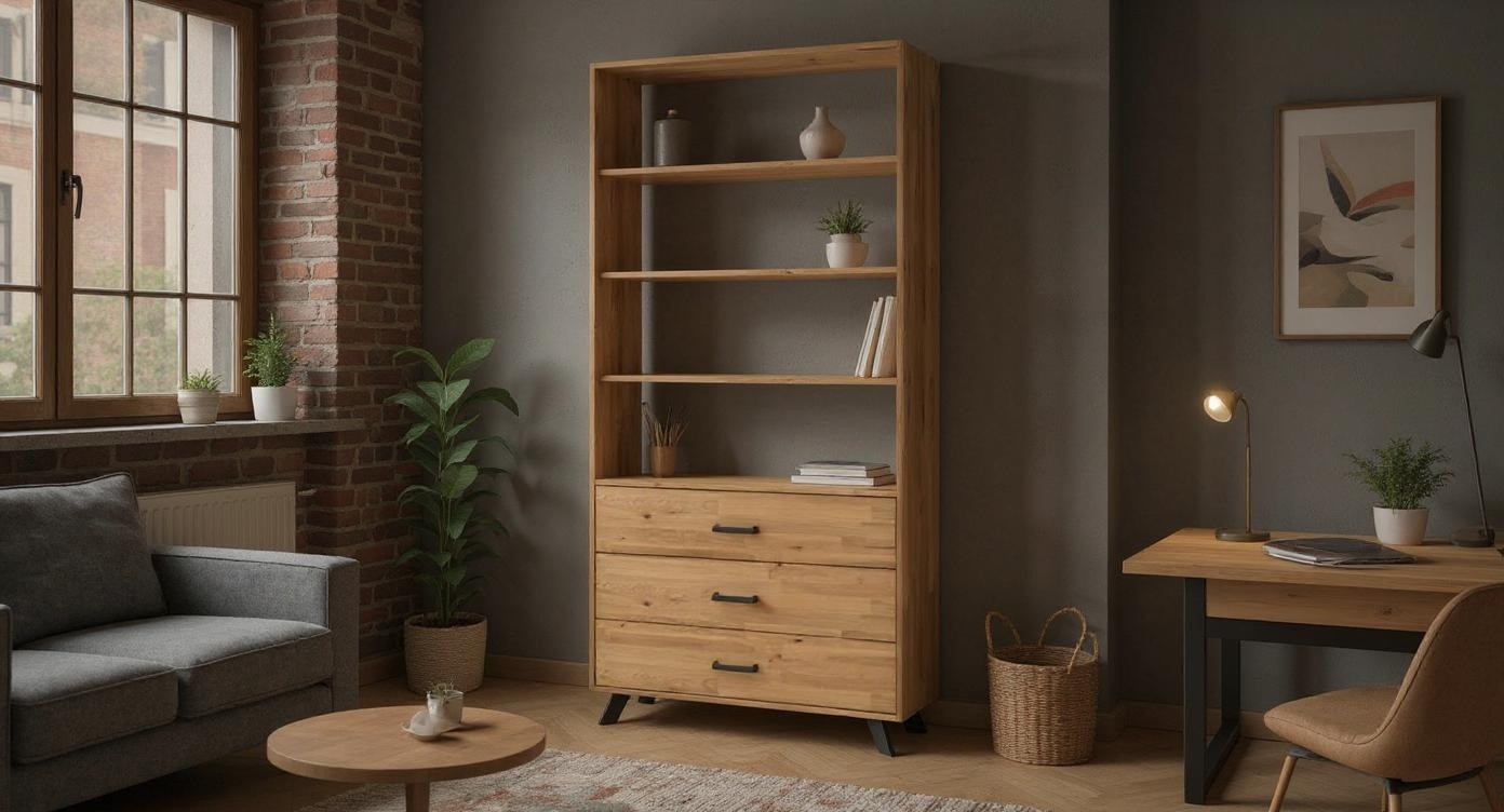 Industrielles Eichenholz-Regal mit Schubladen für Bücher und Akten