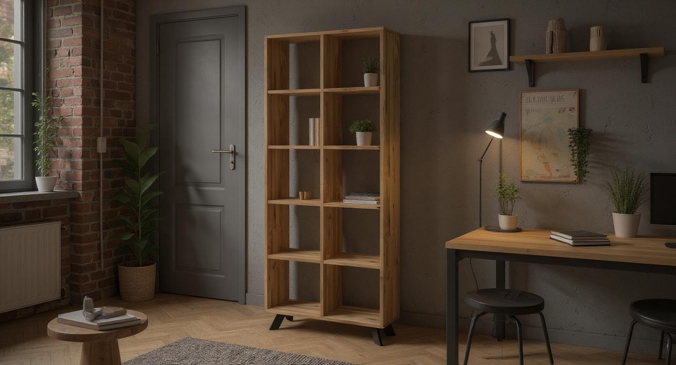 Industrielles Eichenholz-Regal mit stilvollen Akzenten