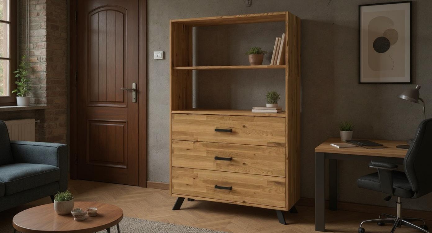 Industrielles Eichenholzregal mit Schubladen für stilvolle Organisation