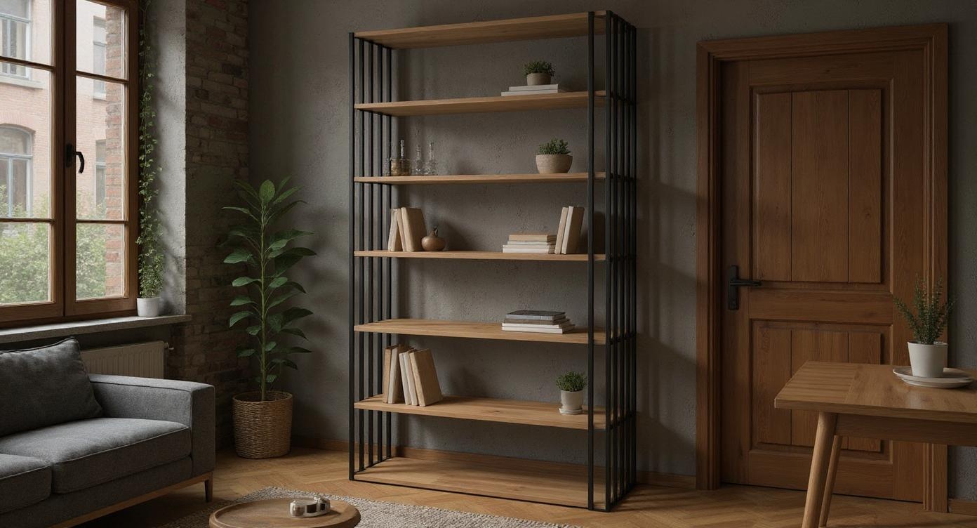 Industrielles Regal aus Eichenholz und Stahl mit variabler Breite