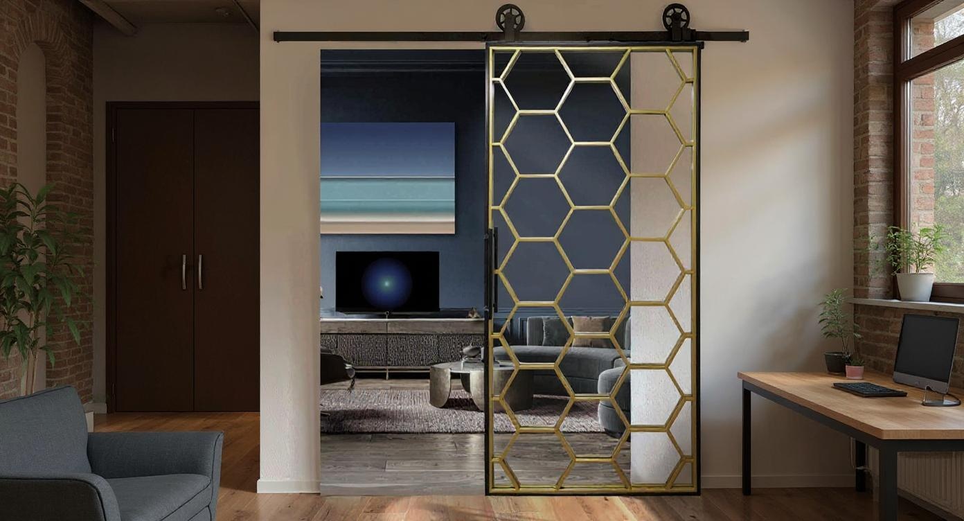 Moderne Loft-Schiebetür mit wabenförmigem Stahl-Glas-Design