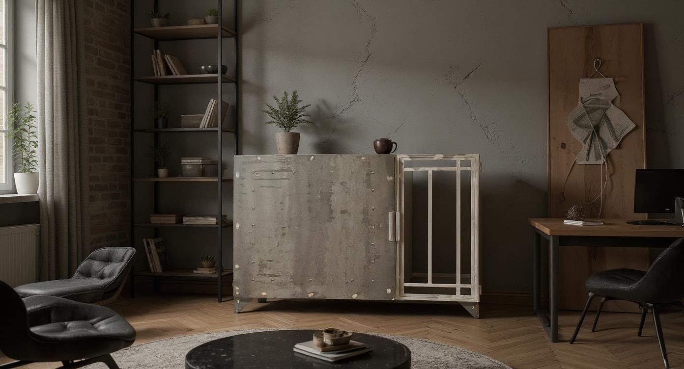 Robuste Industrielle Kommode aus Stahl und Glas