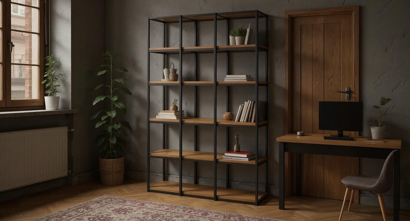 Robustes Eichenholzregal im Industrie-Look für stilvolle Aufbewahrung