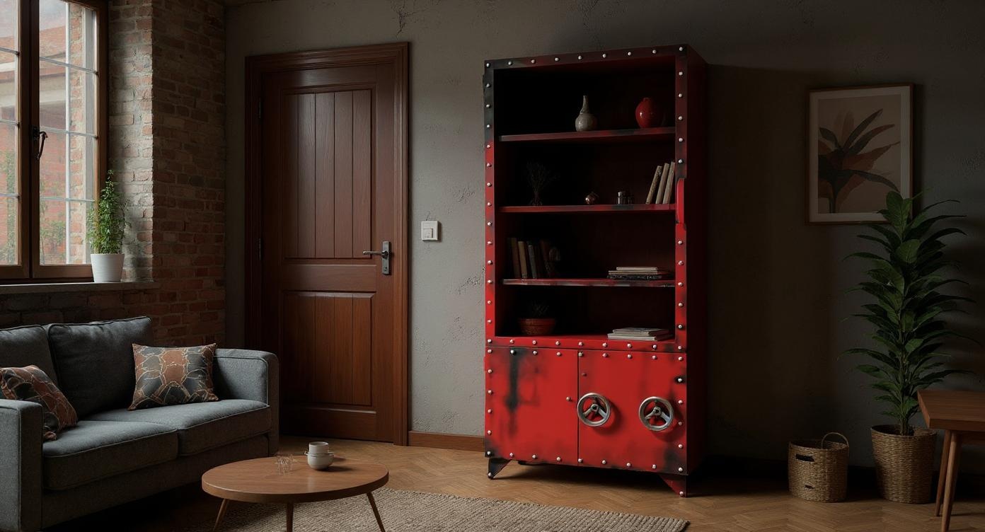 Schmale Industrial Stahl-Glas-Vitrine mit künstlerischer Lackierung