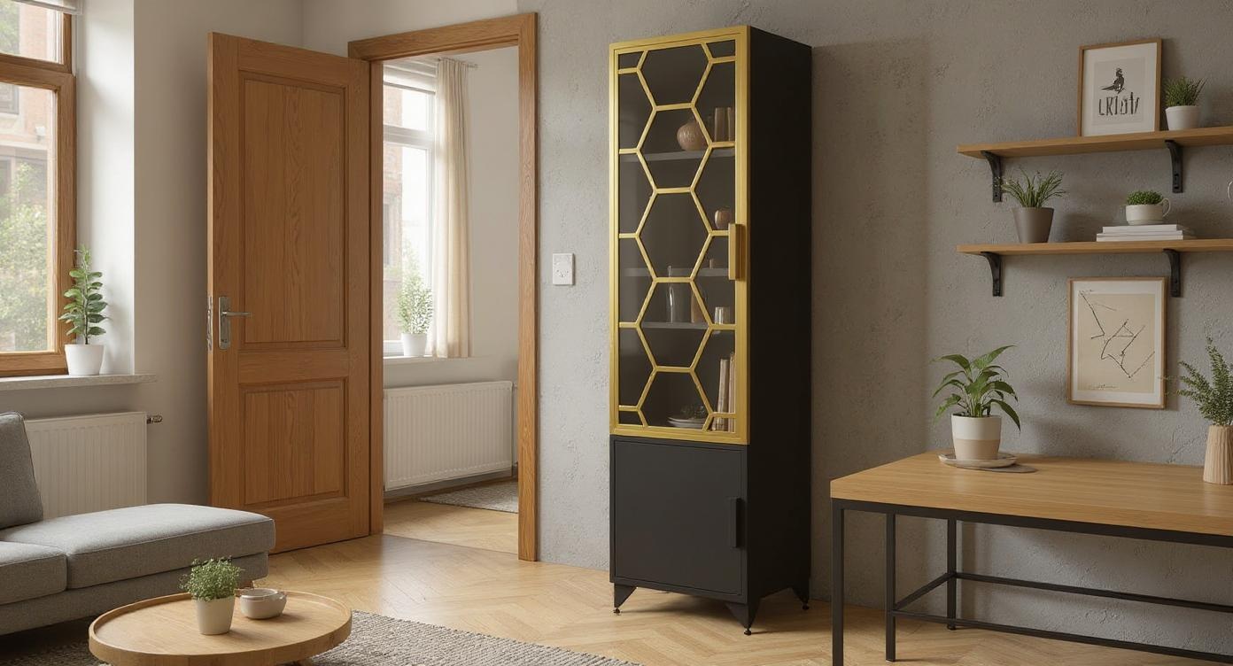 Schmale industrielle Glasvitrine aus Stahl mit künstlerischer Lackierung