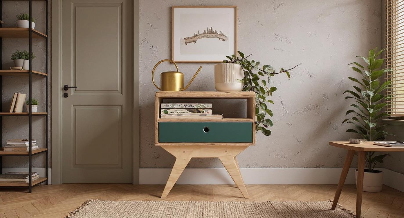 Skandinavischer Nachttisch mit symmetrischem Stauraum und modernem Design