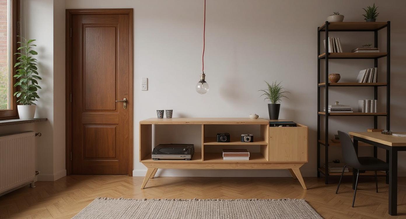 Skandinavisches Vinyl-Regal mit asymmetrischem Design für stilvollen Musikequipment-Display